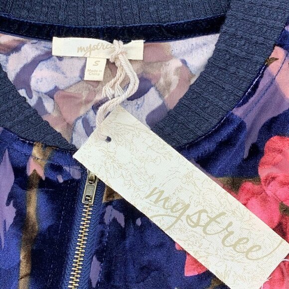 Mystree Navy Blue w/ Floral Velvet Bomber Jacket - Picture 5 of 8